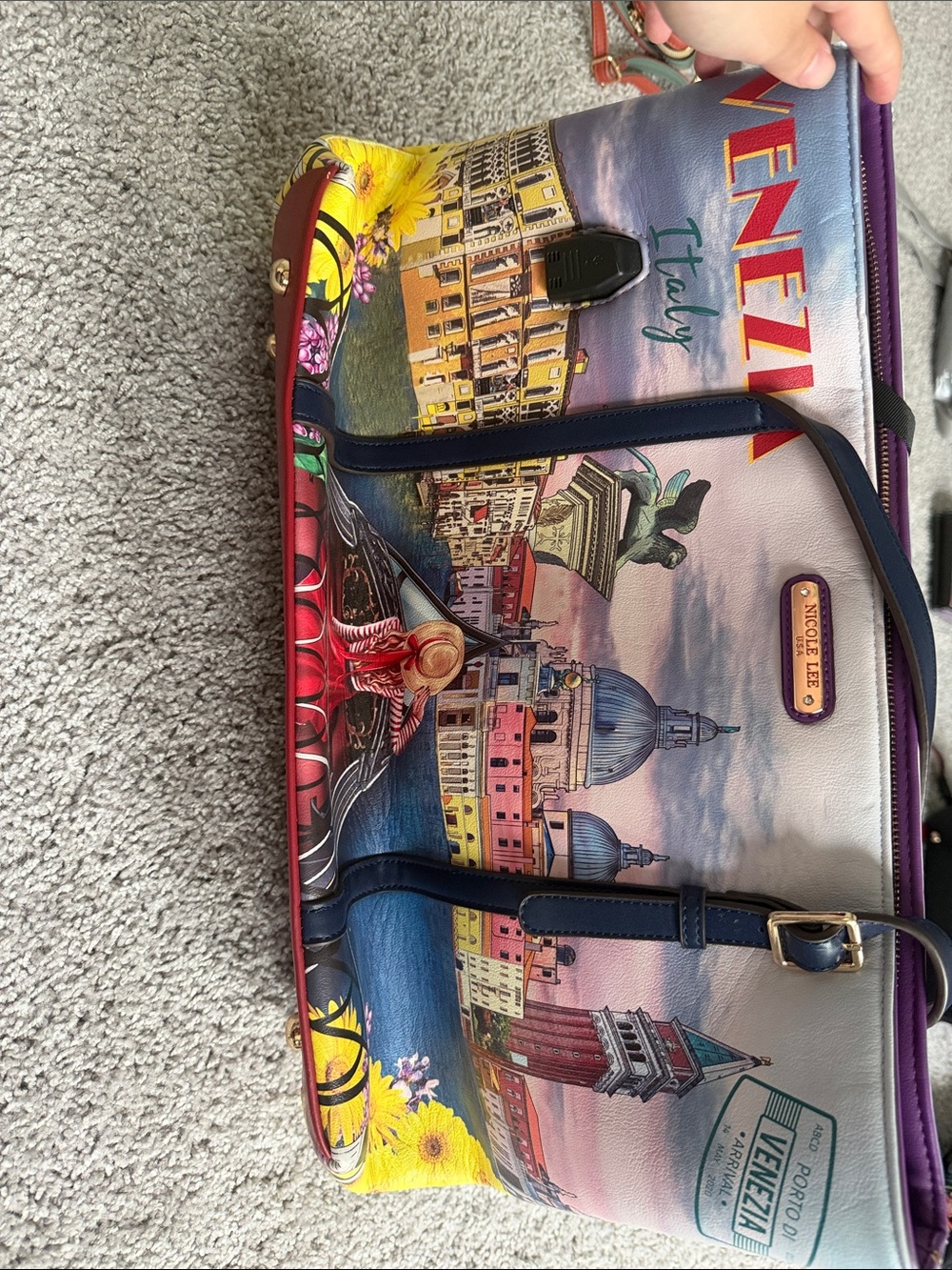 Nicole Lee Multi-Color Venezia Italy Printed Tote with Navy Trim